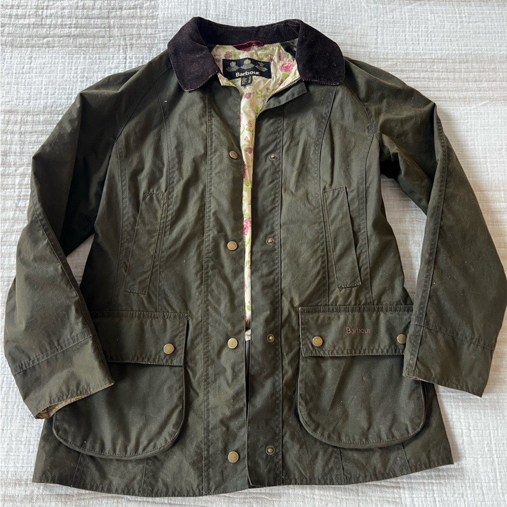 Barbour Olive Green Jacket with Floral Cream Lining